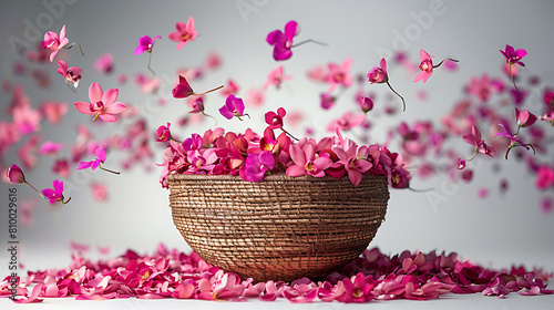 Beautiful orchid flower petals fall from above in a basket with flowers on a white background (ID: 810029616)