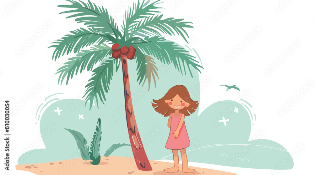 little girl is standing near a palm tree Vector style