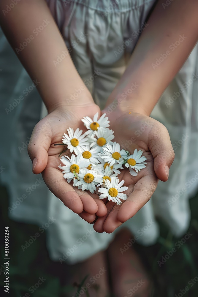 Chamomiles in the hands of a child. Selective focus. Chamomiles in the hands of a child. Selective focus.