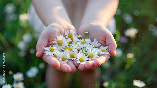 Chamomiles in the hands of a child. Selective focus.