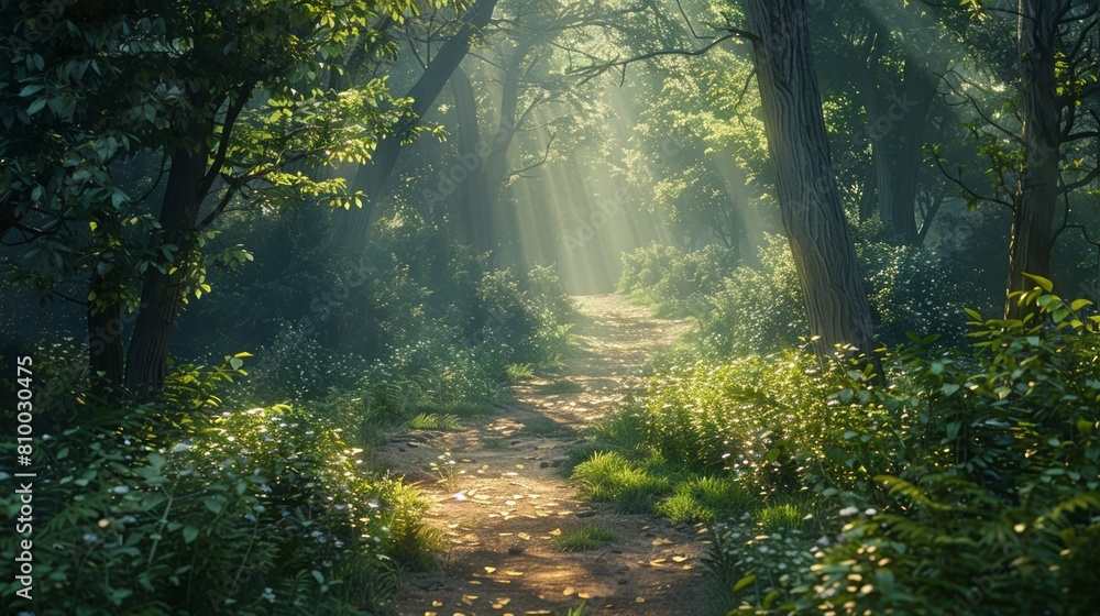 Serene woodland path bathed in morning sunlight, soft beams filtering through dense foliage.