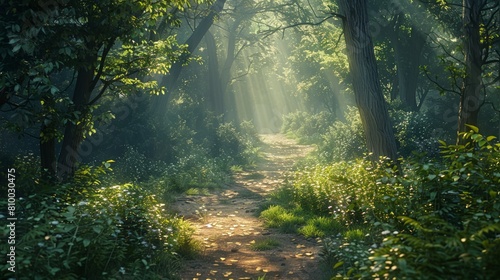 Serene woodland path bathed in morning sunlight  soft beams filtering through dense foliage.