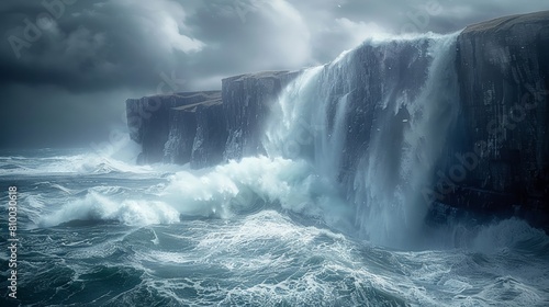 Towering waves crashing against stark cliffs under a stormy sky, capturing nature’s raw power.