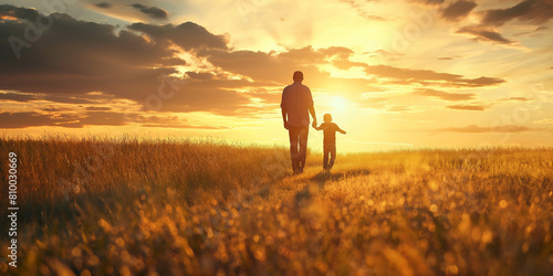 A silhouette of a father holding his child's hand walking at sunset, happy fathers day celebration. 