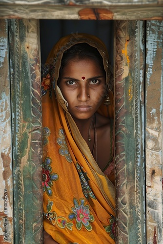 Woman in Yellow Sari Sitting in Doorway