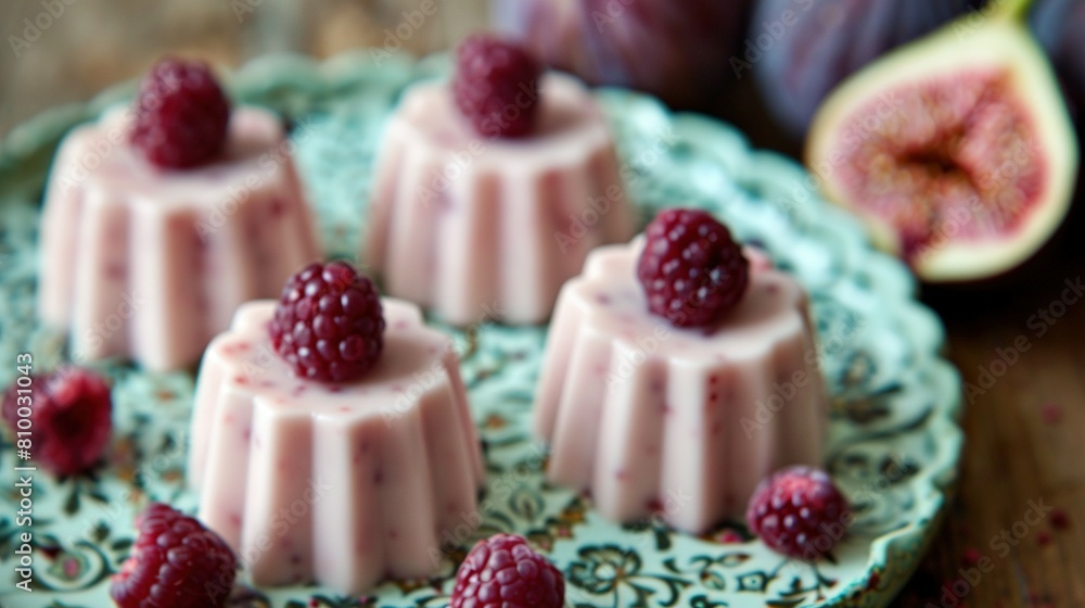 Small desserts with raspberries on a plate next to figurines Small desserts with raspberries on a plate next to figurines