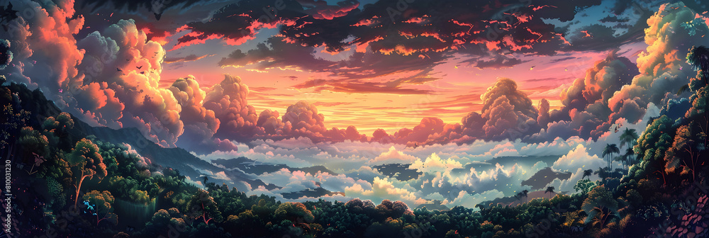 A panoramic view of a vast cloud forest at sunset, with vibrant colors painting the sky and the clouds hanging low over the treetops A panoramic view of a vast cloud forest at sunset, with vibrant colors painting the sky and the clouds hanging low over the treetops