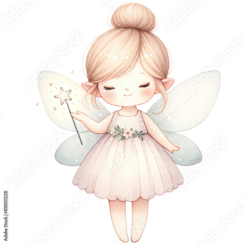 Little cute fairy in a pink dress and with a magic wand. Fairy tale character. 