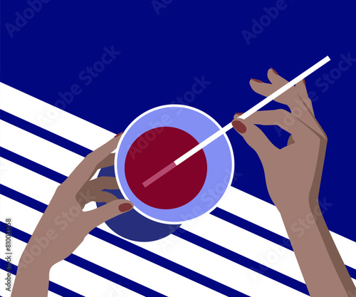 A cool drink by the sea or in the pool in the hands of a woman. Relax on the terrace by the sea. Minimalistic and flat color drawing. Vector illustration © Raman Maisei