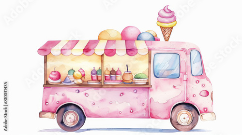 Ice cream van, icecream truck, cute watercolor illustration