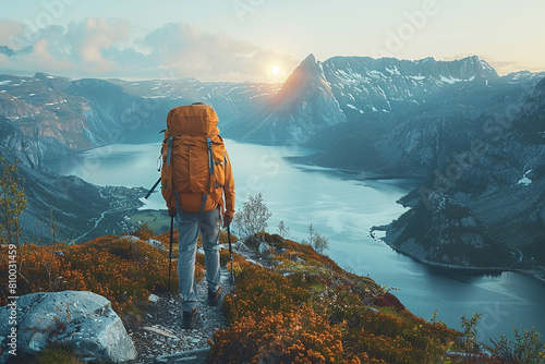 a man with a tourist backpack is engaged in trekking in the mountains photo