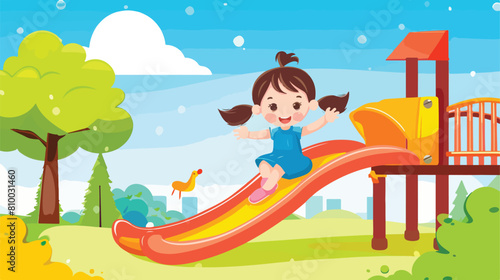 little girl playing slider enjoying in playground vector