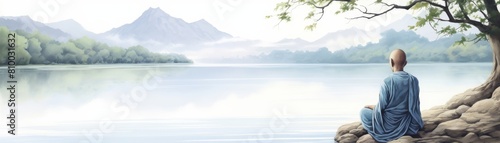 Watercolor illustration of a single monk meditating by a peaceful river, with the gentle flow of water illustrated in serene blues photo