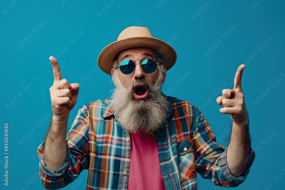 Stylish Senior Man in Blue Shirt and White Beard Wearing Sunglasses Stylish Senior Man in Blue Shirt and White Beard Wearing Sunglasses