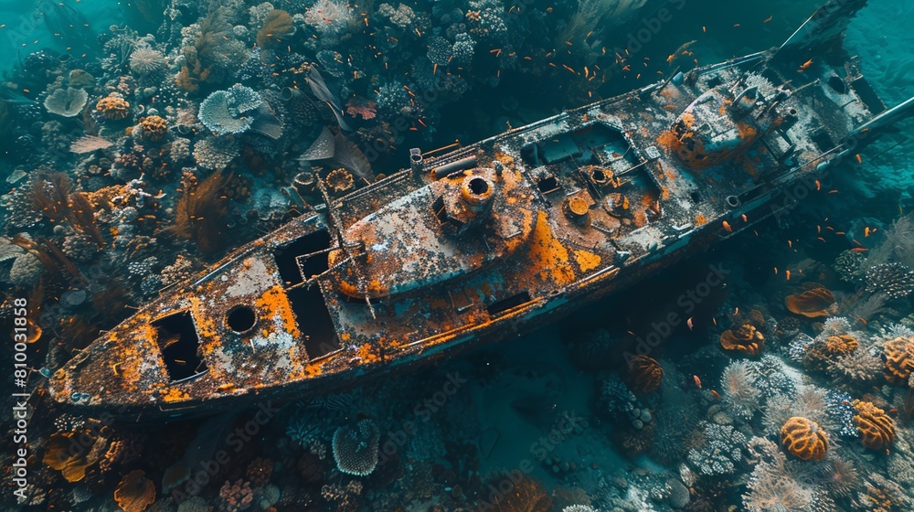 Overhead shot of a submarine wreck covered in rust and coral on the seabed