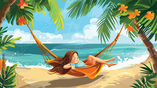 little girl relaxing in hammock on the tropical beach