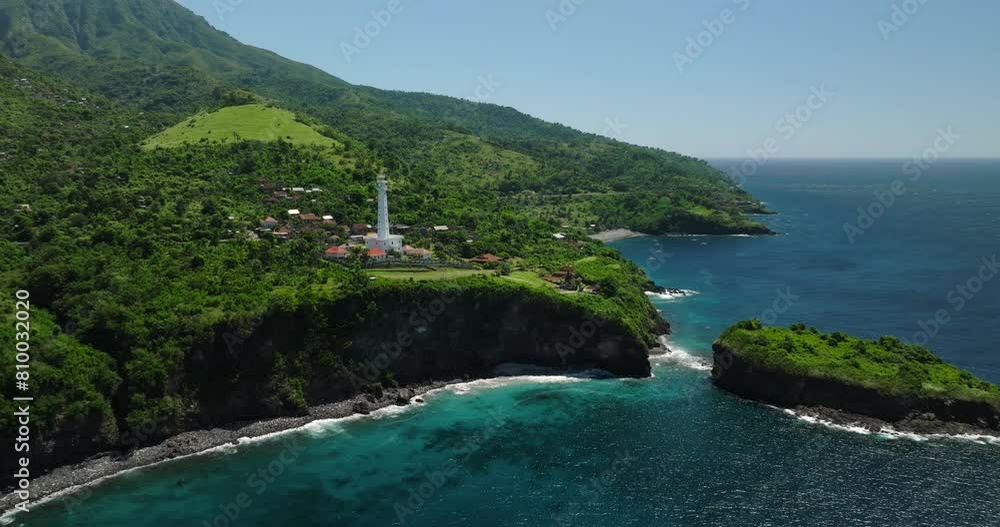 Aerial view of lighthouses perched on cliffs and islands in the ocean Aerial view of lighthouses perched on cliffs and islands in the ocean