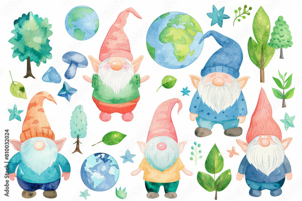 Set of cute gnomes in forest, eco friendly, environmental and earth day theme isolated on white Set of cute gnomes in forest, eco friendly, environmental and earth day theme isolated on white