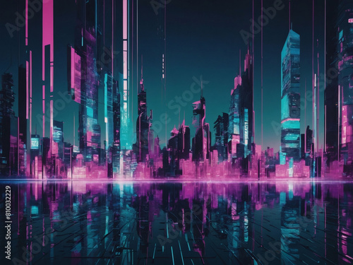 Glitched cyber city, Blue, mint, and pink backdrop with digital distortion, a cyberpunk vibe.