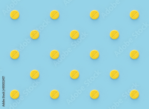 Yellow pills seamless pattern. Medical pharmacy soft blue backgrounds