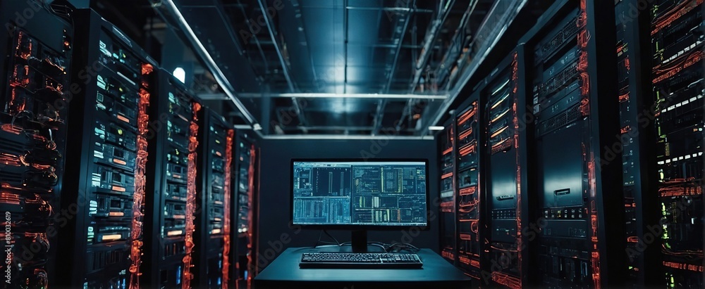 cloud computer engineer coding in server room in data... Computer engineer working on laptop computer with server room, data ...