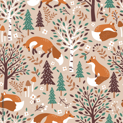 Seamless vector pattern with cute hand drawn fox, birch trees, leaves, mushrooms and flowers. Perfect for textile, wallpaper or nursery print design.