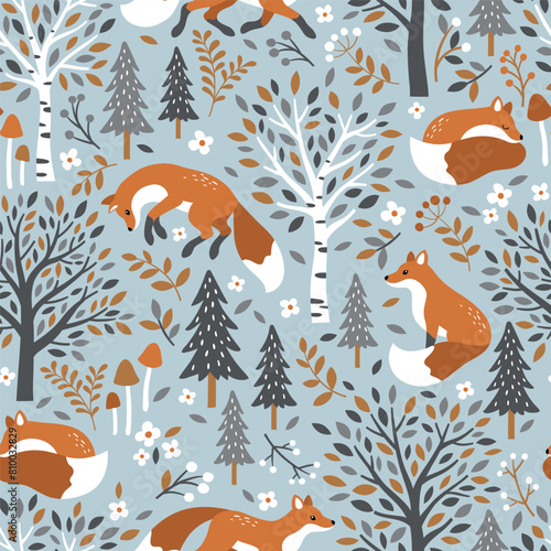 Seamless vector pattern with cute hand drawn fox, birch trees, leaves, mushrooms and flowers. Perfect for textile, wallpaper or nursery print design.