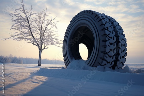 Snowy tire. Frost vehicle safety. Generate Ai © juliars