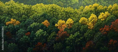 A panoramic view of a deciduous forest transitioning from summer to autumn, with the first yellow and red leaves beginning to dot the predominantly green canopy