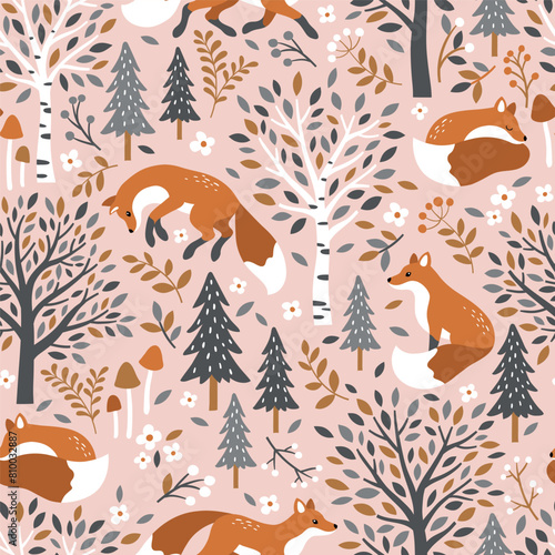 Seamless vector pattern with cute hand drawn fox, birch trees, leaves, mushrooms and flowers. Perfect for textile, wallpaper or nursery print design.