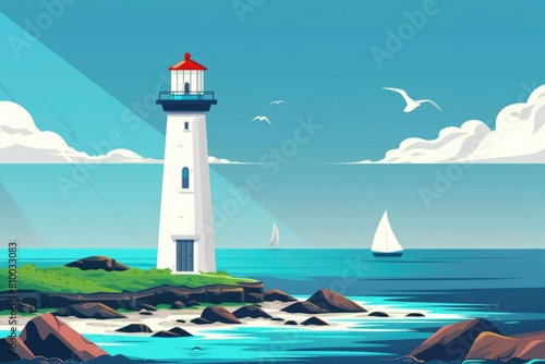 A picturesque lighthouse with a sailboat in the background. Suitable for nautical themes