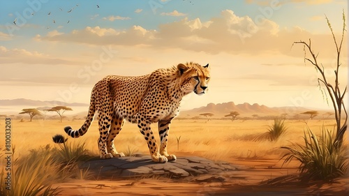 Cheetah hunting in a savanna, digital artwork photo