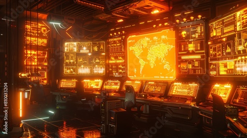 Cybernetic control room glows with yellow and orange lights  detailing network operations across screens.