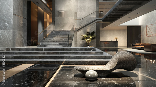 Contemporary luxury hall with a slate grey marble staircase minimalist decor and a bold modern sculpture photo