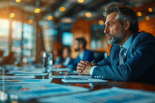 Business executives conferring in a corporate boardroom, reviewing financial reports and discussing strategic initiatives to drive company performance and profitability.