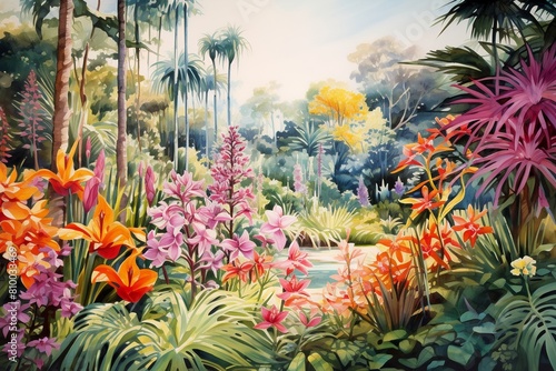 Tropical forest with vivid trees, plants and flowers, watercolor