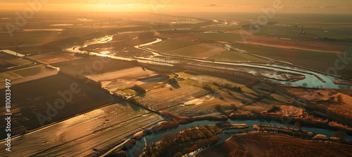 A panoramic view of a polder during golden hour  highlighting the long shadows and warm light on the flat fields and distant windmills