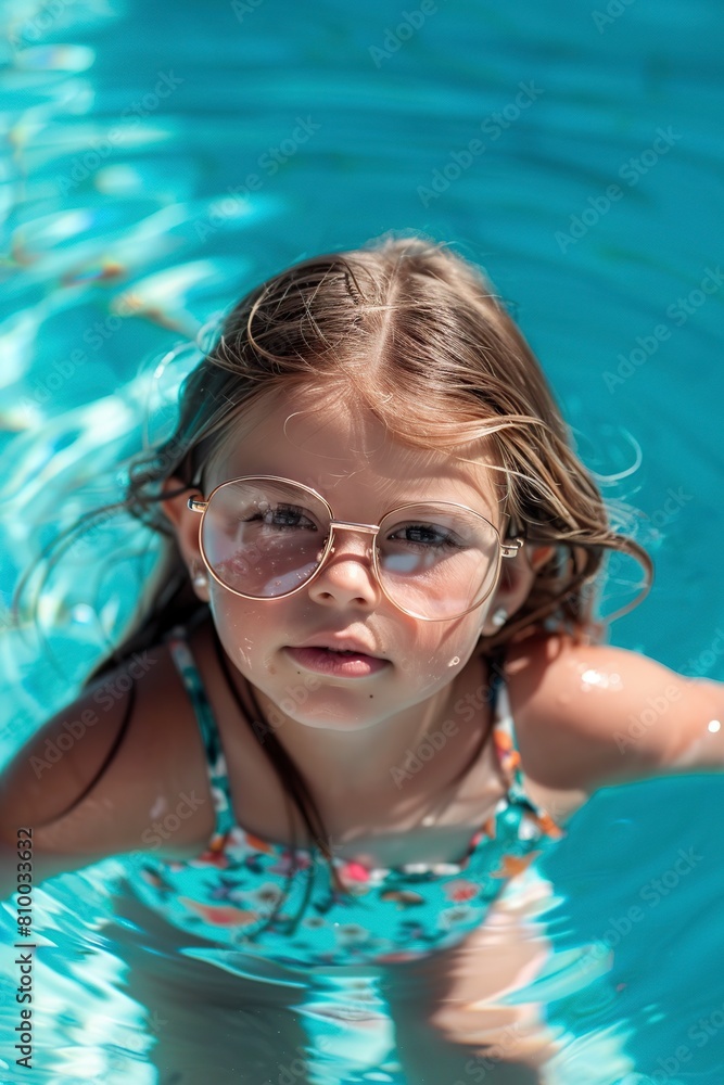 Little Girl With Glasses Swimming in Pool