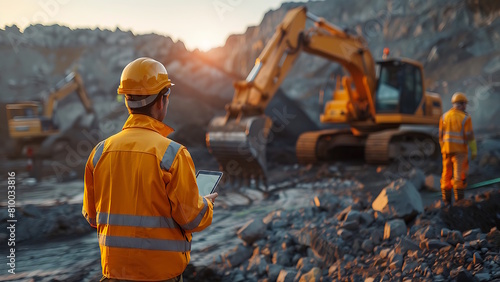 Wallpaper Mural Construction engineers supervising progress of construction project. Excavators preparing to lay foundation in background.
 Torontodigital.ca