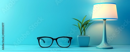 Table lamp and glasses on a wooden desk photo