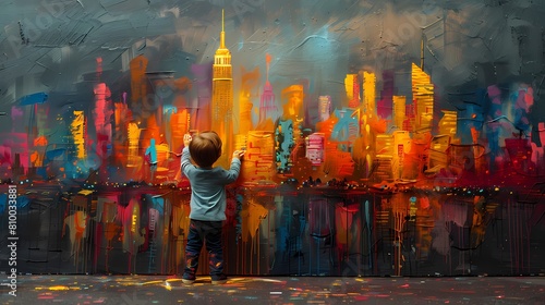 A young boy meticulously painting a vibrant cityscape on a dull urban wall, his brushstrokes capturing the essence of life in the metropolis