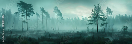 A panoramic view of a dense pine barren forest with mist hovering above the ground at dawn, showcasing a mysterious and untouched wilderness photo