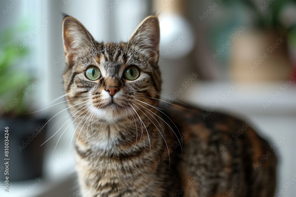 Beautiful tabby cat with green eyes on blurred background, closeup
