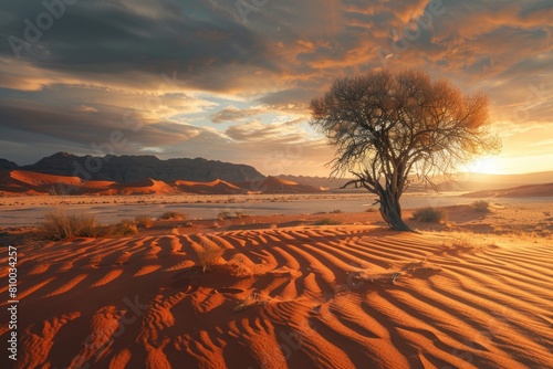 A lone tree standing in the desert at sunset. Suitable for nature and landscape themes