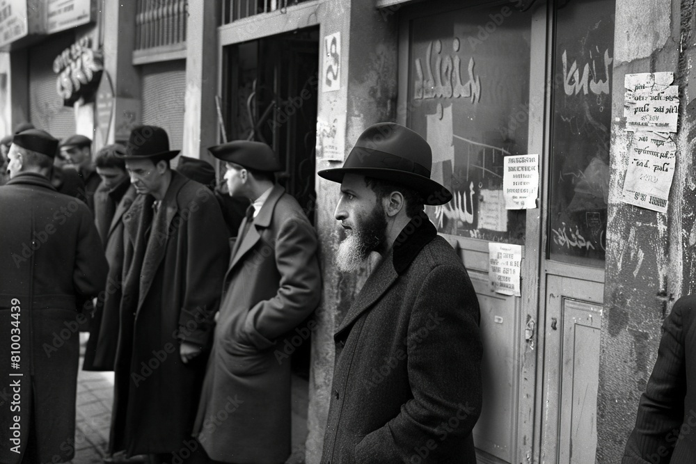 a Black and white photograph showing a group of Jews, 1940s. a Black and white photograph showing a group of Jews, 1940s.