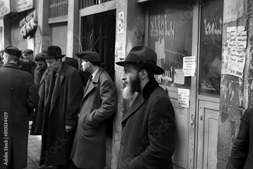a Black and white photograph showing a group of Jews, 1940s.