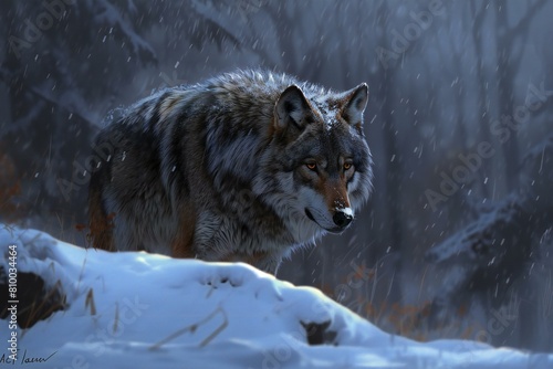 Grey wolf in the winter forest   Wildlife scene from wild nature