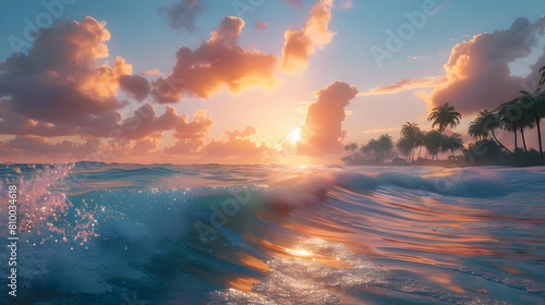 A panoramic view of a subtropical coastline at sunrise, with gentle waves lapping against the shore and palm trees silhouetted against the sky