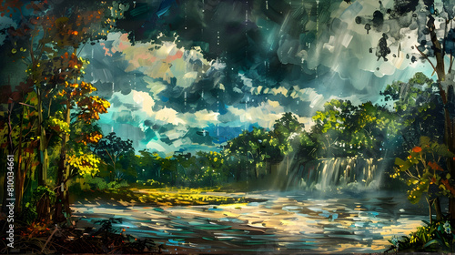 A panoramic view of a riparian zone during the rainy season  with swollen riverbanks  rushing waters  and vibrant  saturated colors of the forest