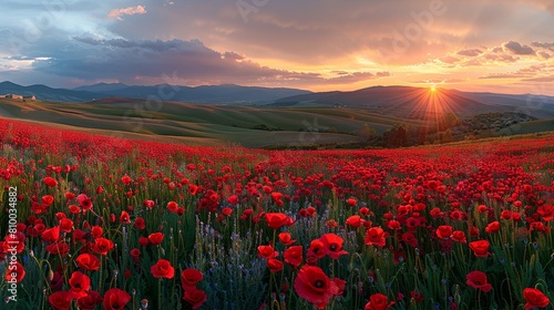Panoramic view of poppy field at golden hour  rich red and blue hues dominate the serene landscape.